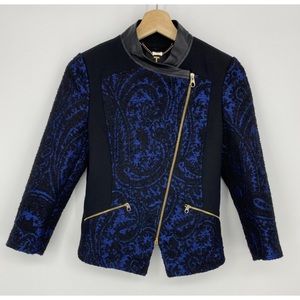 Ted Baker Blue Black Lace Moto Blazer Asymmetrical Zipper Jacket